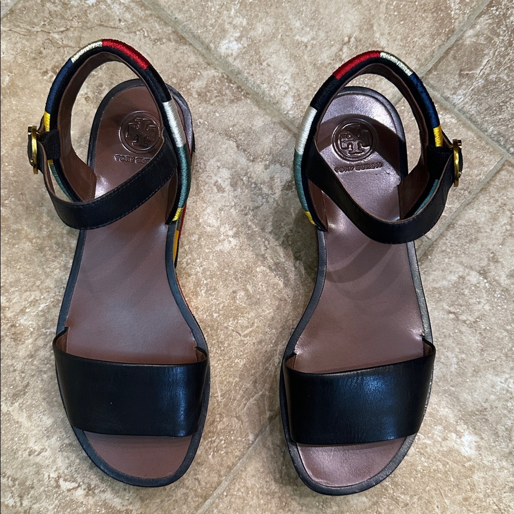 Tory Burch Colorful Platform Sandals with Black Straps - Picture 2 of 5
